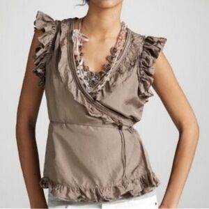 J. CREW Silk Tie Wrap Blouse with Ruffles in Beige SZ 4